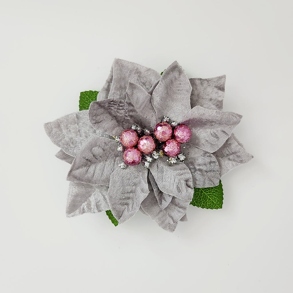Gwynnie's Hair Flower - Christmas Poinsettia Double Silver & Pink Berries PRE-ORDER 24HR TURNAROUND