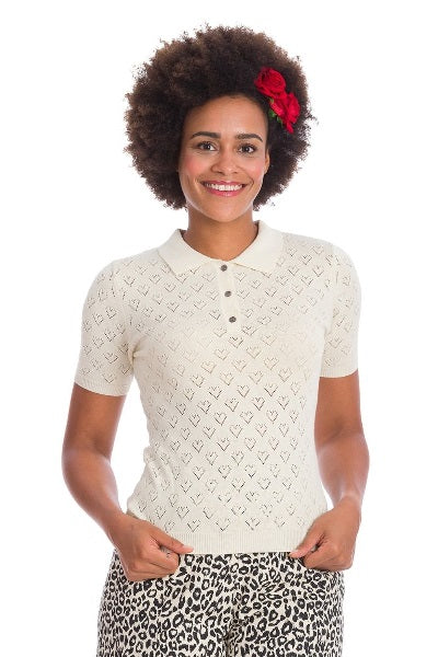 Banned Retro Love Hearts Knitted Top Ivory (S ONLY)